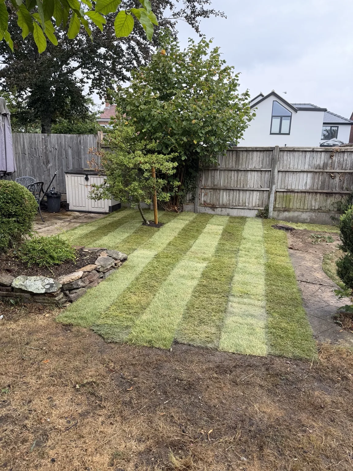 Fresh turf lawn installation by MT’s Garden Services in Cheltenham and the Cotswolds